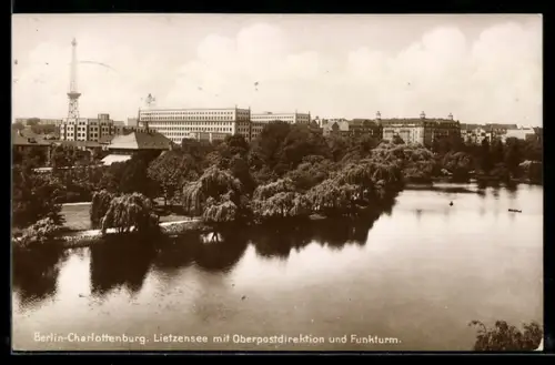 AK Berlin-Charlottenburg, Lietzensee mit Oberpostdirektion und Funkturm