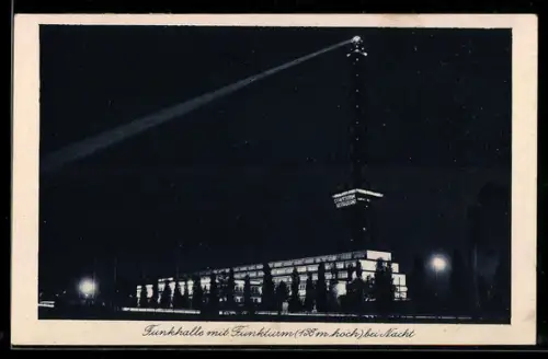 AK Berlin-Charlottenburg, Funkhalle mit Funkturm bei Nacht