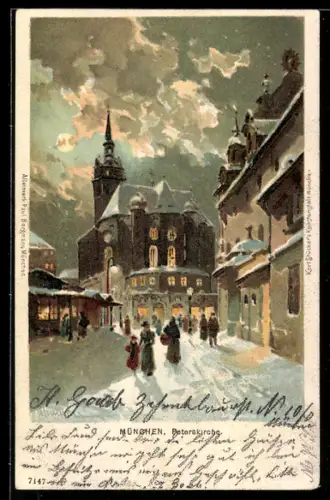 Lithographie München, Peterskirche im Winter