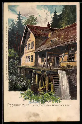 Künstler-AK H.Bahndorf: Friedrichroda, Partie mit der Schauenburg-Schneidemühle