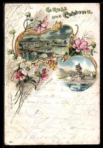 Lithographie Coblenz, Blick über die Brücke zum Ort, Kaiser-Wilhelm-Denkmal