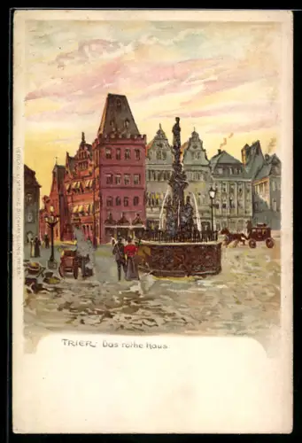 Lithographie Trier, Marktplatz und Rotes Haus