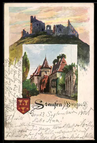 AK Staufen, Partie im Ort, Ruine, Wappen