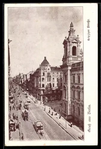 AK Berlin, Leipziger Strasse, Strassenszene mit Pferdewagen und Strassenbahn