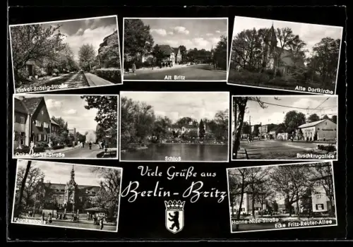 AK Berlin-Britz, Onkel-Bräsig-Strasse, Schloss, Krankenhaus, Alte Dorfkirche, Alt Britz, Buschkrugallee