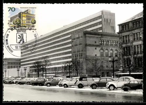 AK Berlin, Technische Universität, Hauptgebäude, Strassenansicht mit Autos