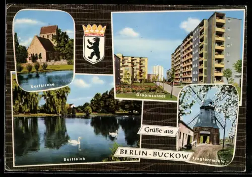 AK Berlin-Buckow, Dorfkirche, Dorfteich, Gropiusstadt, Jungfernmühle