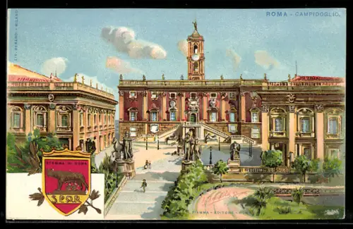 Lithographie Roma, Blick auf Campidoglio, Wappen
