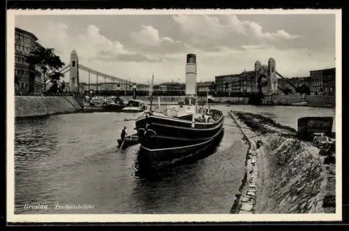 AK Breslau, Dampfschiffe vor der Freiheitsbrücke