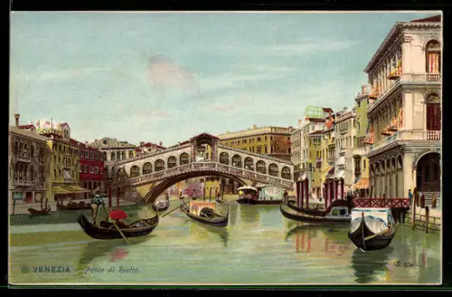 Künstler-AK Venezia / Venedig, Ponte di Rialto, Gondeln und Brücke