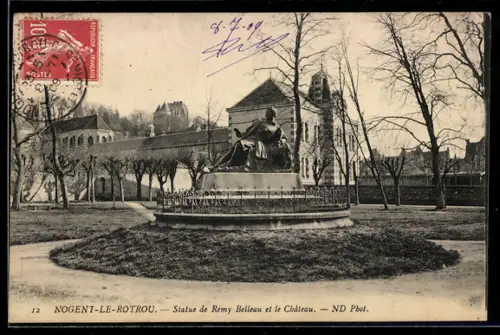 AK Nogent-Le-Rotrou, Statue de Rémy Belleau et le Cháteau