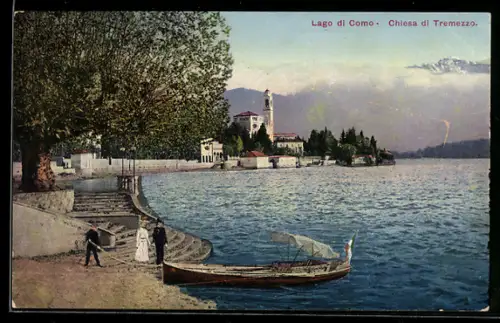 AK Tremezzo, Lago di Como, Ortspartie mit Blick auf die Kirche