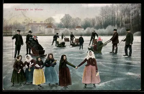 AK Spreewald im Winter, Schlittschuh- und Schlittenvergnügen auf dem Eis