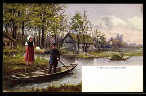 Künstler-AK Die Post im Spreewalde, Dame in Spreewälder Tracht bekommt Post, Postbote auf Kahn