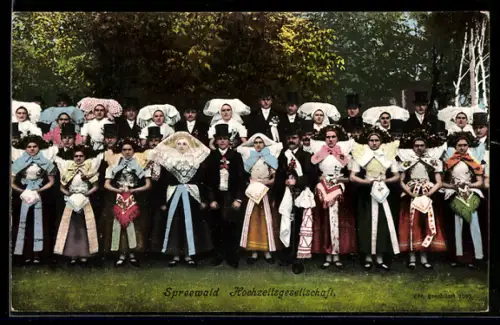 AK Spreewald, Hochzeitsgesellschaft, Paare in farbigen Trachten