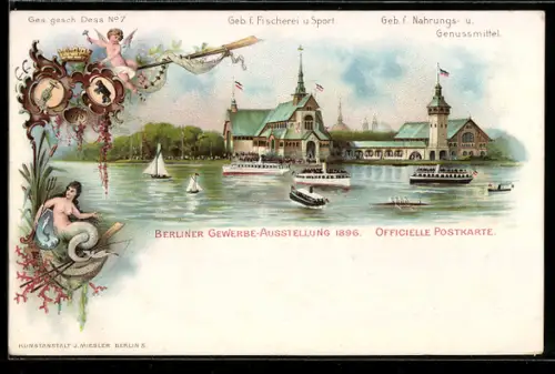 Lithographie Berlin, Gewerbe-Ausstellung 1896, Gebäude f. Fischerei & Sport sowie Nahrungs- & Genussmittel