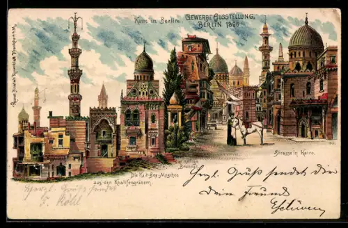 Lithographie Berlin, Gewerbe-Ausstellung 1896, Strasse in Kairo, Kait-Bey-Moschee, Heiliger Brunnen