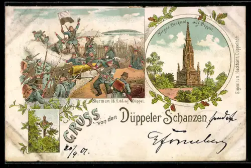 Lithographie Düppelhöh, Sturm am 18.4.64, Siegesdenkmal