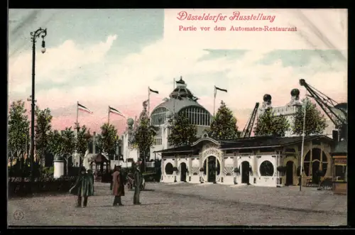 AK Düsseldorf, Ausstellung, Partie vor dem Automaten-Restaurant