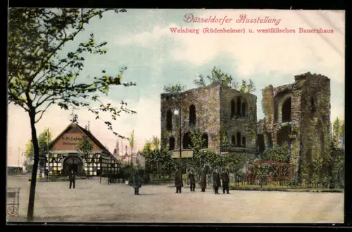 AK Düsseldorf, Rüdesheimer Weinburg & westfälisches Bauernhaus, Düsseldorfer Ausstellung 1902