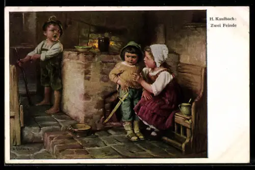 Künstler-AK Hermann Kaulbach: Zwei Feinde, Kinder in der Küche am Feuer