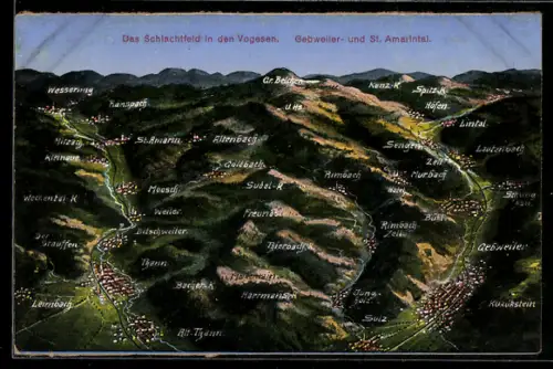 AK Vogesen, Landkarte mit Schlachtfeld im Gebweiler- u. St. Amarintal