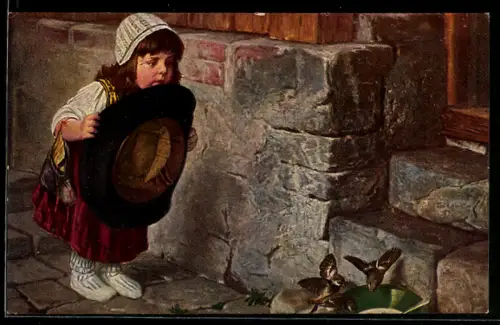 Künstler-AK Hermann Kaulbach: Mädchen versucht mit einem Hut Sperlinge zu fangen