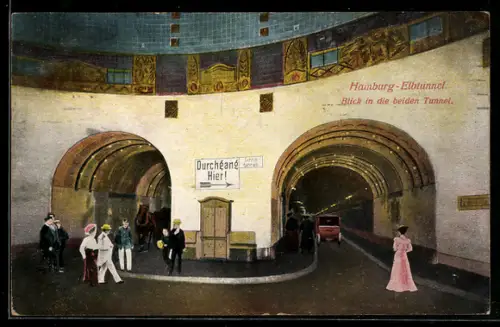 AK Hamburg-St. Pauli, Blick in die beiden Elbtunnel