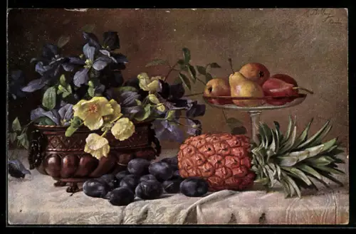 Künstler-AK M. Billing: Birnen in einer Schale, Ananas und Pflaumen