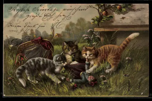 AK Katzen zerfetzen Puppe aus umgestürztem Puppenwagen