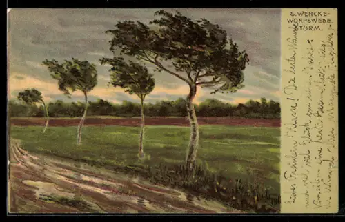 Künstler-AK Worpsweder Künstlerkolonie: Worpswede, Birkenallee bei Sturm