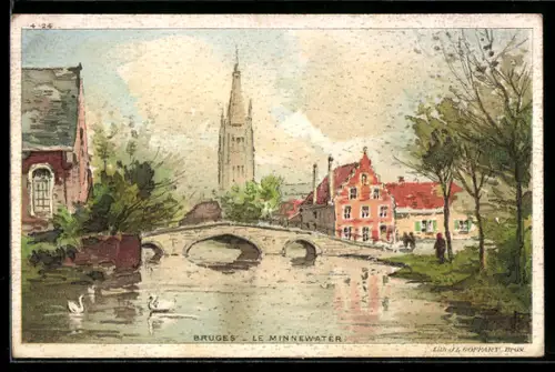 Künstler-AK Bruges, le Minnewater, Teilansicht mit Brücke