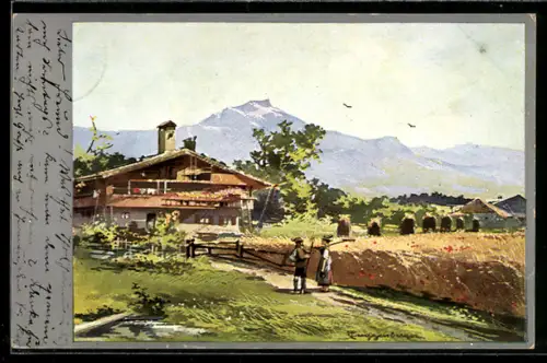 Künstler-AK T.Guggenberger: Bauernpaar beim Getreidefeld vor ihrem Hof