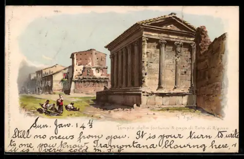 Lithographie Roma, Tempio della Fortuna e casa del Cola di Rienzo