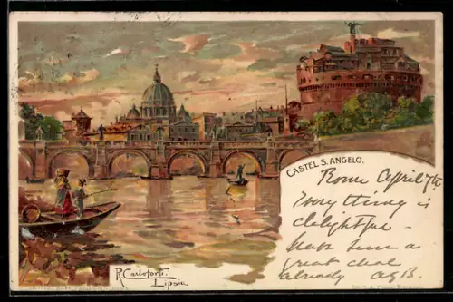 Künstler-Lithographie sign. R. Carloforti: Roma, Castel S. Angelo, Gondel um 1900
