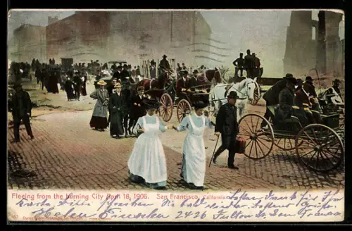 AK San Francisco, CA, Fleeing from the burning City 1906, Erdbeben