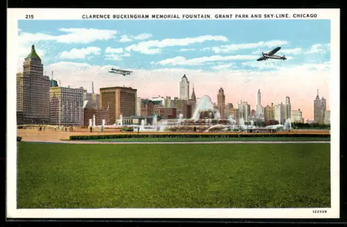 AK Chicago, World`s Fair 1933, Clarence Buckingham Memorial Fountains, Grant Park and Skyline, Ausstellung