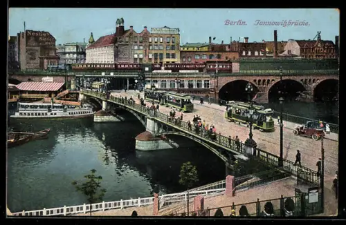 AK Berlin, Jannowitzbrücke mit Strassenbahn und Dampfschiff