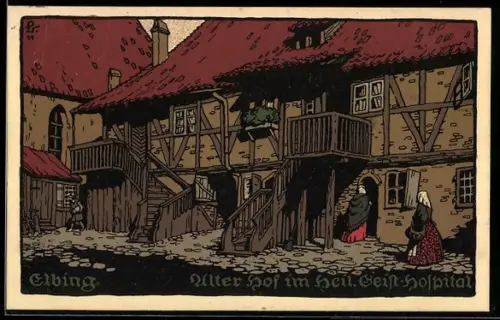 Steindruck-AK Elbing / Elblag, Alter Hof im Heil. Geist-Hospital