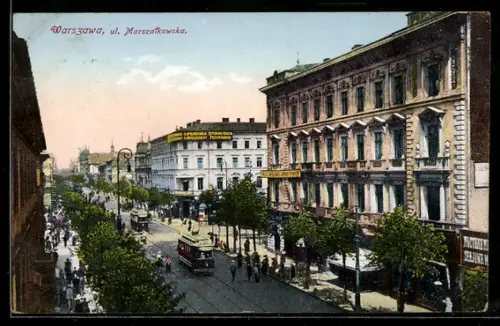 AK Warschau, Strassenbahn fährt durch Stadtkern