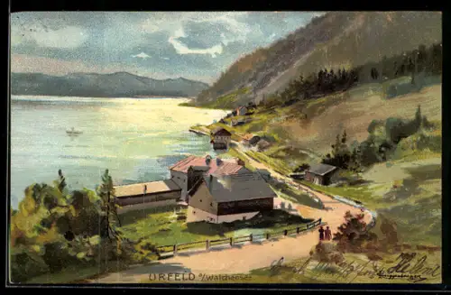 Künstler-AK Theodor Guggenberger: Landschaft am See mit Bergen