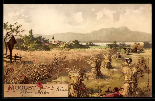 Künstler-AK T.Guggenberger: August, Bauern bei der Kornernte