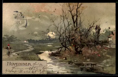 Künstler-AK T.Guggenberger: Monat November, Birkenstock am Wegesrand, Frau holt Holz