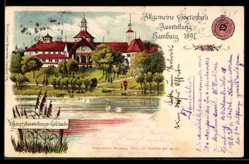 Lithographie Hamburg, Allgemeine-Gartenbau-Ausstellung 1897, Blick auf das Haupt-Ausstellungsgebäude
