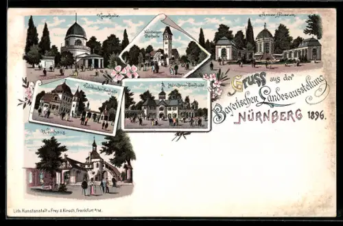 Lithographie Nürnberg, Bayerische Landesausstellung 1896, Nürnberger Bierhalle, Münchner-Bierhalle, Kulmbacher Bierhalle