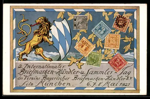 AK München, 2. Internationaler Briefmarken-Händler-Tag des Vereins Bayerischer Briefmarken-Händler 1921, Wappen