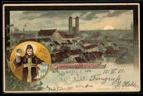 Lithographie München, Münchner Kindl mit Bier und Wappen, Blick über die Dächer