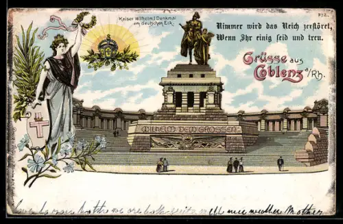Lithographie Koblenz, Kaiser Wilhelm I. Denkmal am deutschen Eck