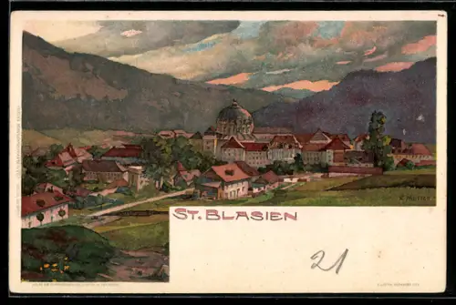 Künstler-Lithographie Karl Mutter: St. Blasien, Panorama des Ortes