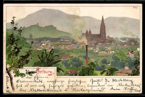 Lithographie Freiburg, Ortsansicht mit Münster